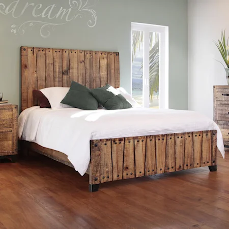 Queen Bed with Wood Plank and Iron Nail Details
